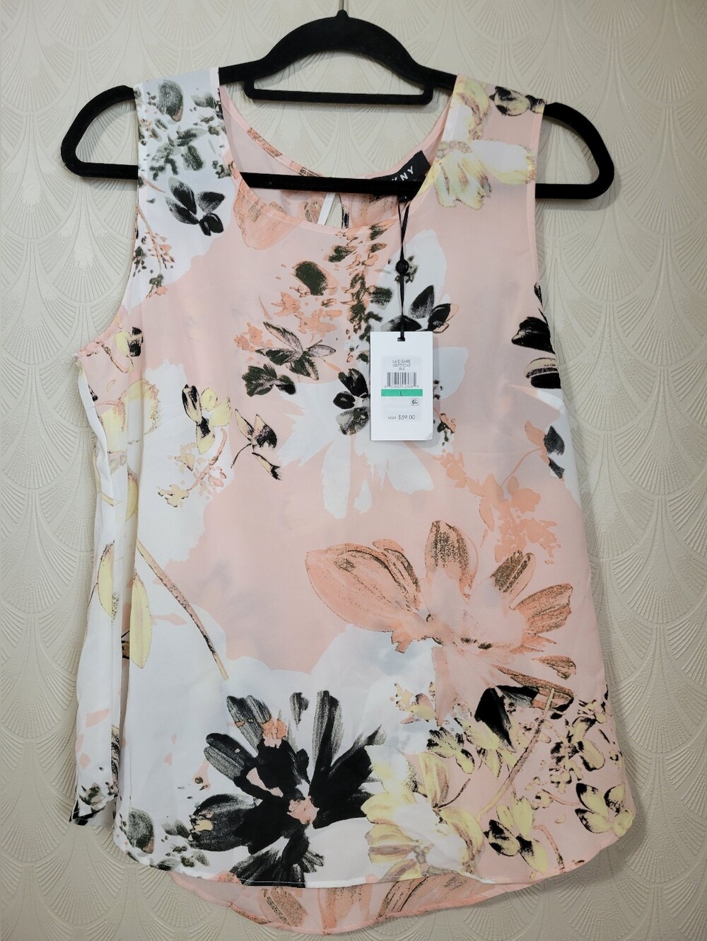 DKNY Tank Top Blouse Scoop Neck Pink Black White Floral Print size Large NEW